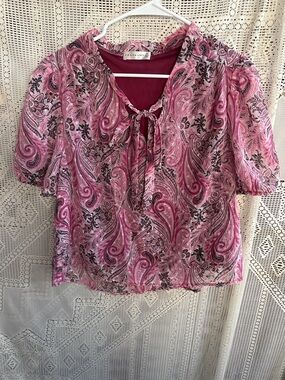 Retrofete Pink Paisley Tie-Neck Puff Sleeve Blouse